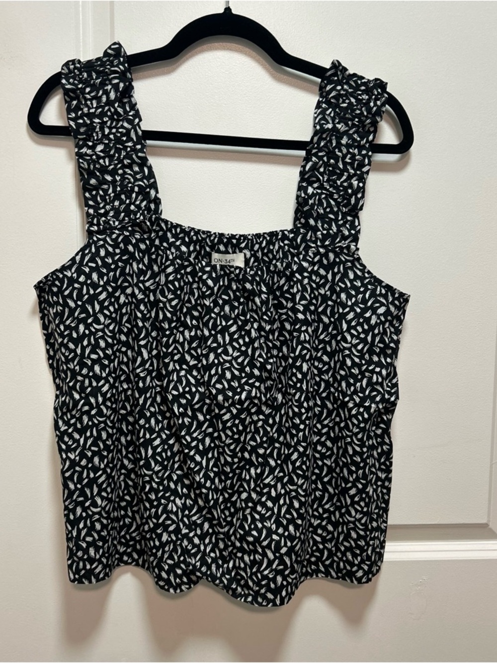 ON 34 Black Printed Ruffle-Strap Tank Top